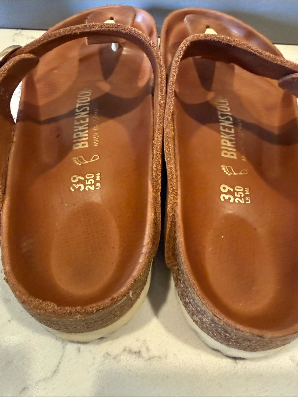 Birkenstock Brown Leather T-Strap Sandals with Gold Accents - Picture 5 of 16
